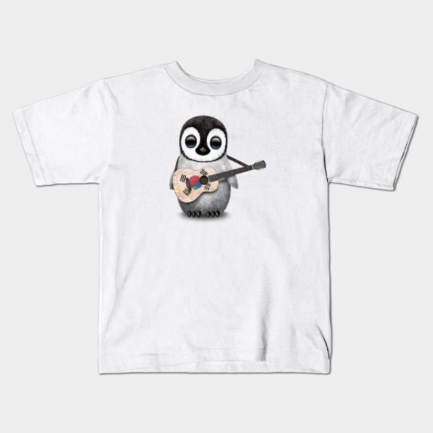 Baby Penguin Playing South Korean Flag Guitar Kids T-Shirt by jeffbartels